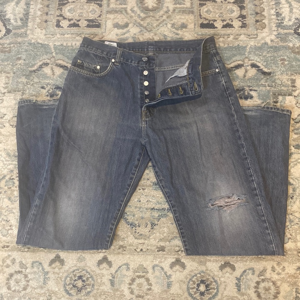 Lacoste Distressed Button Fly 100% Cotton Denim Blue Jeans